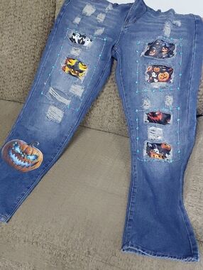 Wander Blue Skinny Jeans with Halloween Patchwork